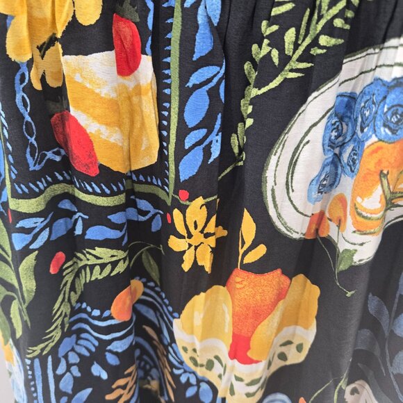 August Sky Black Fruit Breakfast Square Neck Ruched Midi Dress Small NWOT - Picture 5 of 12